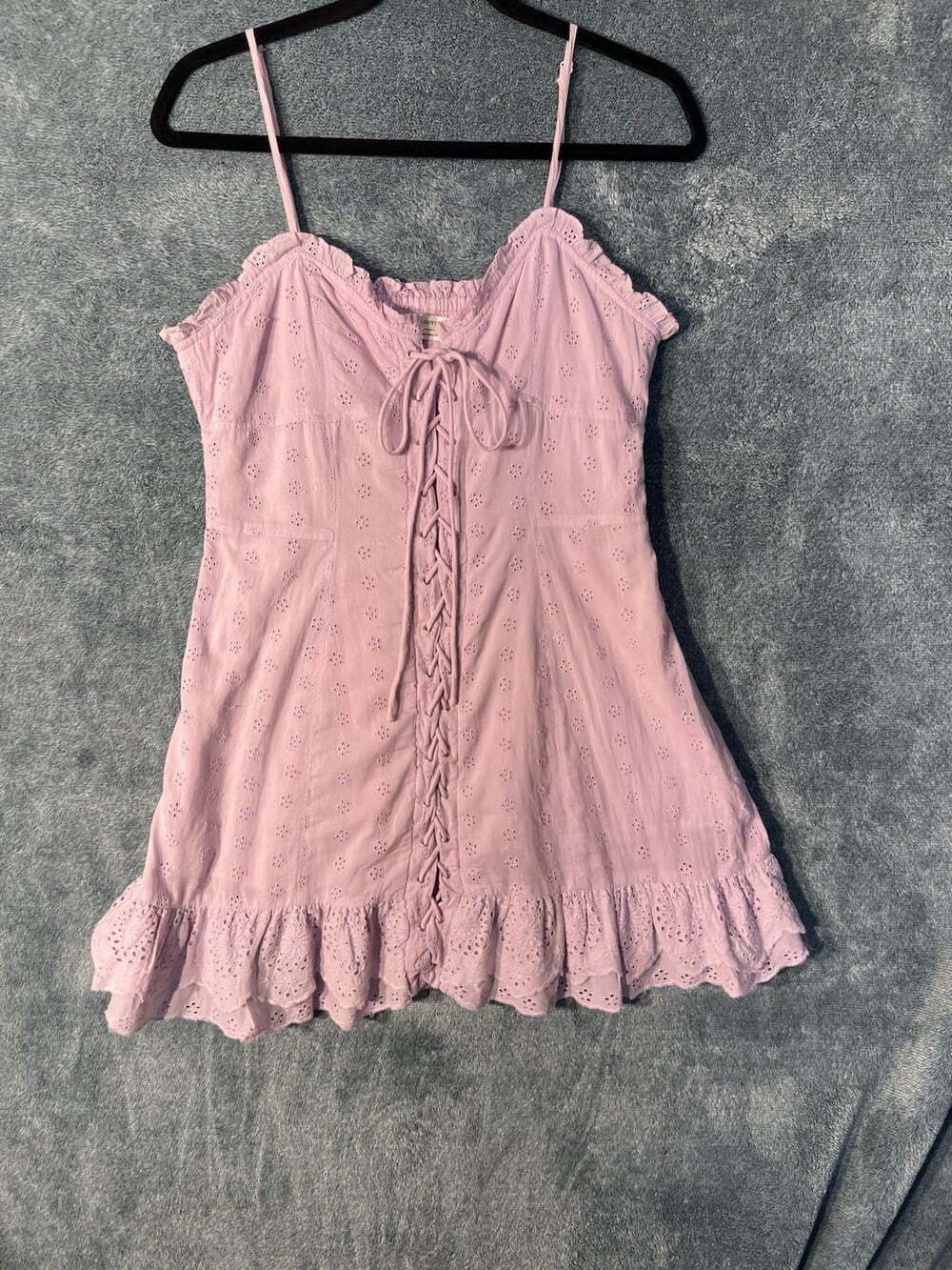 Urban Outfitters Pink Eyelet Dress Medium Lace Up Cotton Ruffle Mini